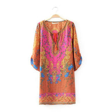 Vintage Bohemian Women 3/4 Sleeves National Wind Pattern Print Loose Casual Dress Blue&Pink IMY66