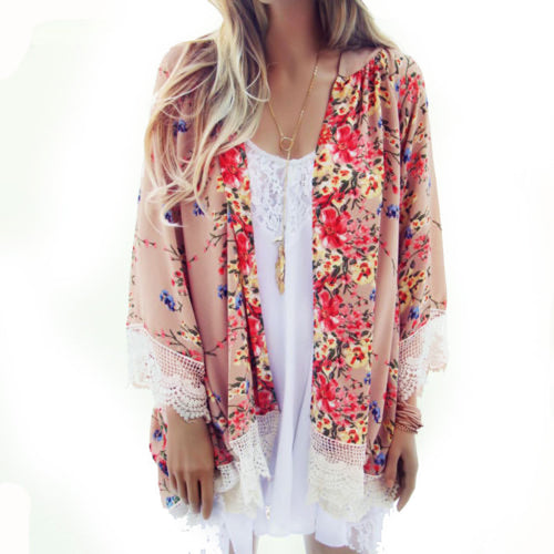 Vintage Chiffon Blouse Women Printed Kimono Cardigan Fringed Hem Lace Shawl Oversized Tops Outwear blusas femininas IMY66
