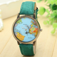 Vintage Watch Luxury Relojes Map Women Dress Watch Denim Fabric Band Global Travel By Plane Print Men Clocks IMY66