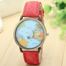 Vintage Watch Luxury Relojes Map Women Dress Watch Denim Fabric Band Global Travel By Plane Print Men Clocks IMY66