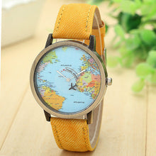 Vintage Watch Luxury Relojes Map Women Dress Watch Denim Fabric Band Global Travel By Plane Print Men Clocks IMY66