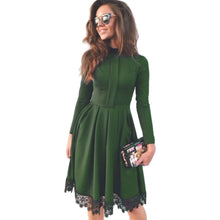 Vintage Women Party Dresses robe Elegant Sexy Dark Green Turtleneck Long Sleeve Lace Dress vestido de festa IMY66