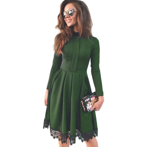 Vintage Women Party Dresses robe Elegant Sexy Dark Green Turtleneck Long Sleeve Lace Dress vestido de festa IMY66