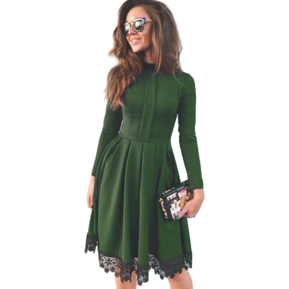 Vintage Women Party Dresses robe Elegant Sexy Dark Green Turtleneck Long Sleeve Lace Dress vestido de festa IMY66