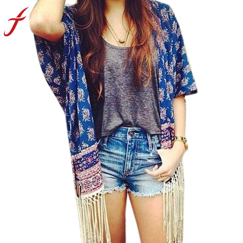 Vintage Women Casual Floral Printed Fight Side Tassels Short Sleeve Chiffon Blouse Kimono Cardigan Outwear IMY66