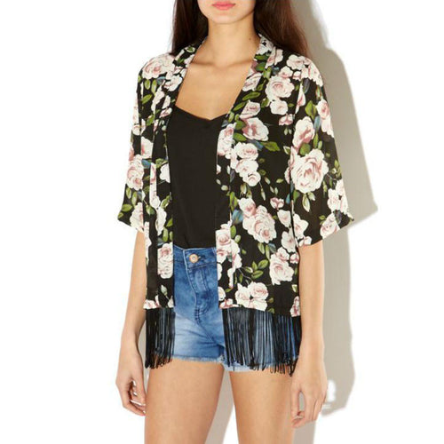 Vintage Women Casual Floral Printed Tassels Shawl Boho Chiffon Blouse Kimono Cardigan Outwear Tops camisa feminina IMY66