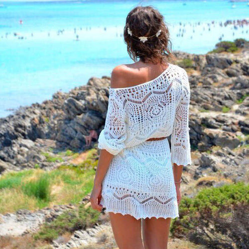 Vintage Women Dress Boho Sexy Hollow Lace Crochet Dress Beach Party Mini Dress With Belt vestidos de festa IMY66