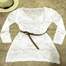 Vintage Women Dress Boho Sexy Hollow Lace Crochet Dress Beach Party Mini Dress With Belt vestidos de festa IMY66