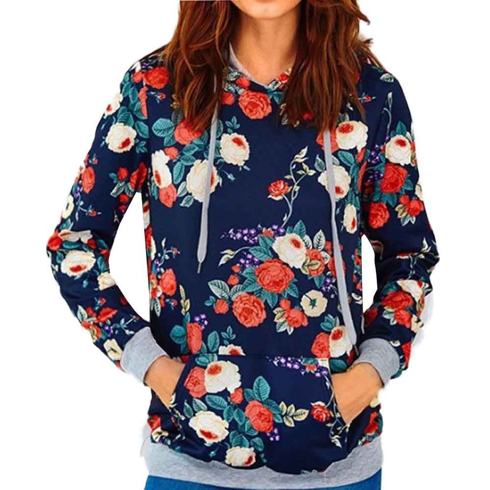 Vintage Women Rose Print Casual Sweatshirt Hooded T-Shirts Long Sleeve Hoodie Jumper Pullover Tops camisetas y tops IMY66