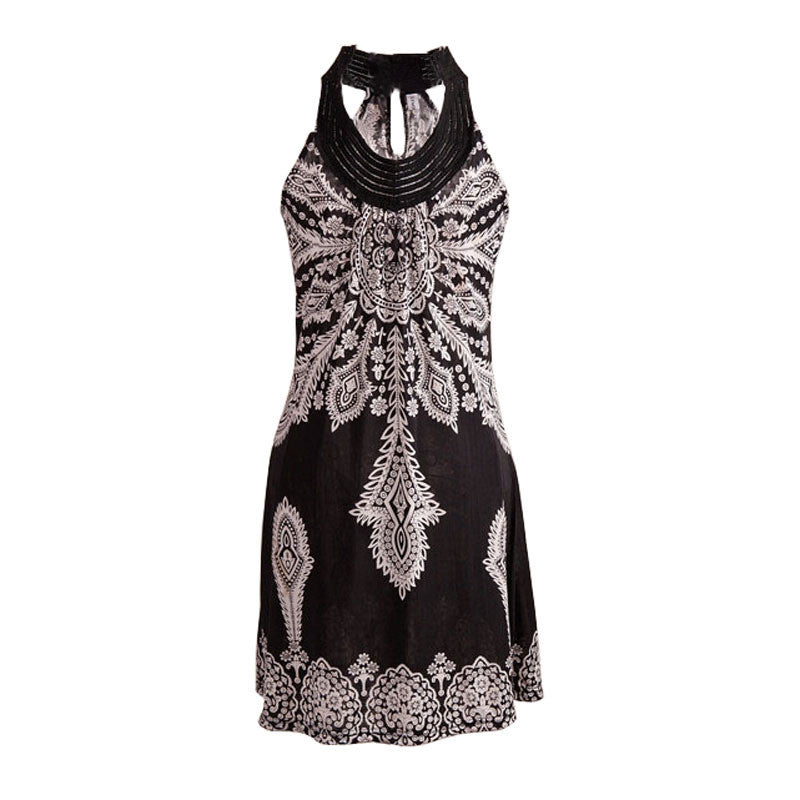 Vintage Women Clothing National Hippie Bohemian Retro Totem Slim Sleeveless Black\White Dress IMY66