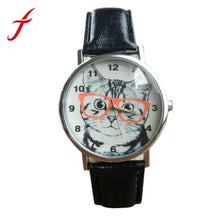 Vogue Cute Cartoon Glasses Cat Watches PU Leather Band Leisure Quartz Wrist Watch Watches For Men Women IMY66