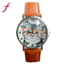 Vogue Cute Cartoon Glasses Cat Watches PU Leather Band Leisure Quartz Wrist Watch Watches For Men Women IMY66