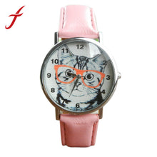 Vogue Cute Cartoon Glasses Cat Watches PU Leather Band Leisure Quartz Wrist Watch Watches For Men Women IMY66