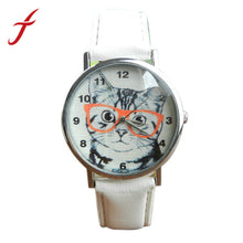 Vogue Cute Cartoon Glasses Cat Watches PU Leather Band Leisure Quartz Wrist Watch Watches For Men Women IMY66