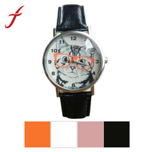 Vogue Cute Cartoon Glasses Cat Watches PU Leather Band Leisure Quartz Wrist Watch Watches For Men Women IMY66