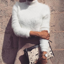 Warm hairy turtleneck knitted sweater Women plush black sweater short top Basic long sleeve white crop top IMY66