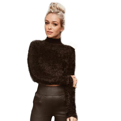 Warm hairy turtleneck knitted sweater Women plush black sweater short top Basic long sleeve white crop top IMY66