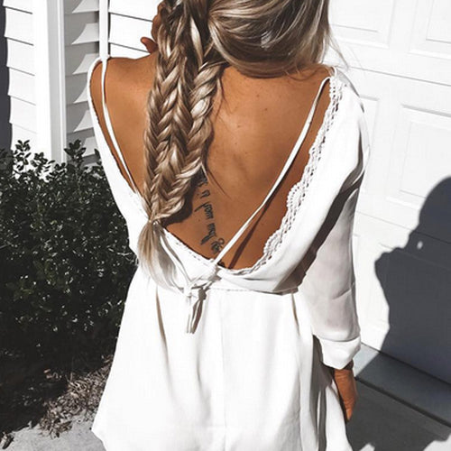 White Chiffon Dress Dresses Boho Long Sleeve Sexy Backless Women Dress Straight Casual Beach Dress Vestidos IMY66