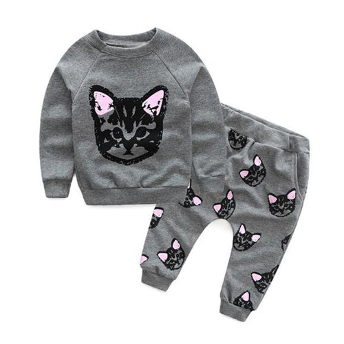 Lovely Baby Kids Set Clothes Long Sleeve Cats Print Sweatershirt Tracksuit+Pants Outfits Set Clothes Outfits Suit IMY66