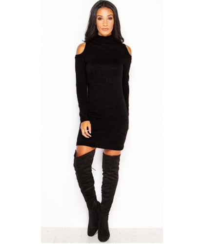 Women Knitted Sweater Dress Sexy Off Shoulder Long Sleeve Turtleneck Warm BodyCon Mini Dress vestidos femininos IMY66