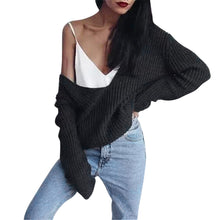 Women Loose Knitted Sweater Solid Sexy V Neck Long Sleeve Knitwear Casual Tops Pullovers pull femme IMY66