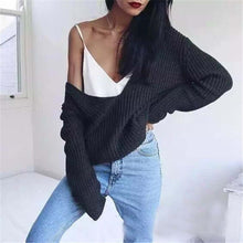Women Loose Knitted Sweater Solid Sexy V Neck Long Sleeve Knitwear Casual Tops Pullovers pull femme IMY66