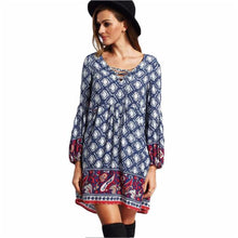 Women Dress Bohemian Lace Up Print Long Sleeve Dress National Wind Bandage Mini Dress vestidos femininos IMY66