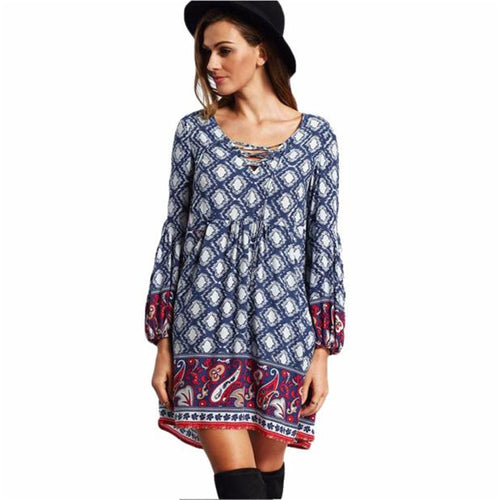 Women Dress Bohemian Lace Up Print Long Sleeve Dress National Wind Bandage Mini Dress vestidos femininos IMY66