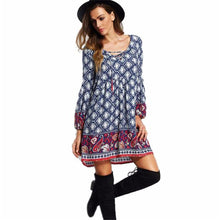 Women Dress Bohemian Lace Up Print Long Sleeve Dress National Wind Bandage Mini Dress vestidos femininos IMY66