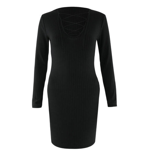 Women Knitted Sweaters Dress Sexy Lace Up V-Neck Bandage Bodycon Mini Sexy Dress vestidos femininos IMY66
