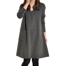 Women Dress Ethnic Style Solid Casual Long Sleeve Pocket Dress O Neck Loose Mini Dress Vestido de festa IMY66