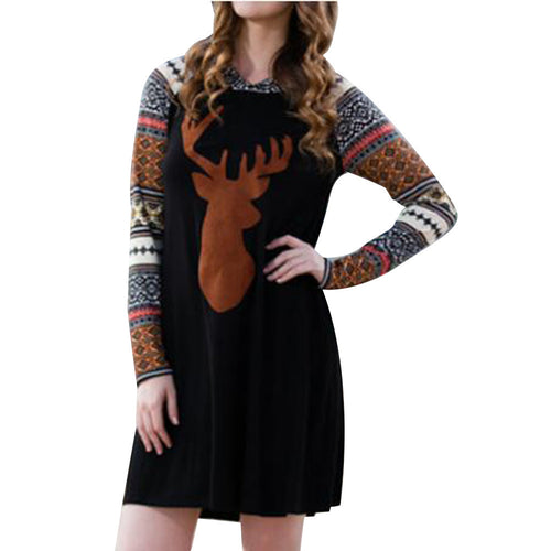 Women Dress Boho Casual Reindeer Printed Splicing Hooded Mini Dress Vestidos femininos IMY66