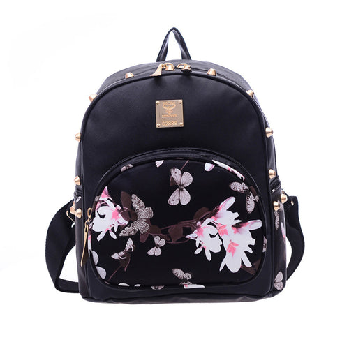 Women Backpack Causal Rivet Floral Printing PU Leather Backpacks For Girls mochilas mujer IMY66