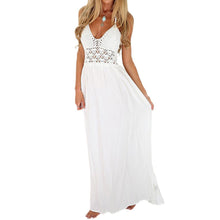 Women Beach Dress Lace Crochet Backless Bohemian Halterneck Evening Party Maxi Long White Dress Vestidos Robes IMY66