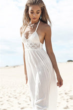 Women Beach Dress Lace Crochet Backless Bohemian Halterneck Evening Party Maxi Long White Dress Vestidos Robes IMY66