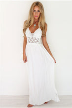 Women Beach Dress Lace Crochet Backless Bohemian Halterneck Evening Party Maxi Long White Dress Vestidos Robes IMY66