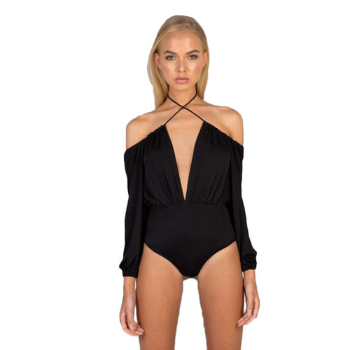Women Bodycon Jumpsuit Bodysuit Sexy Corss Front Off Shoulder V Neck Long Sleeve Romper Playsuit Tops macacao feminino IMY66