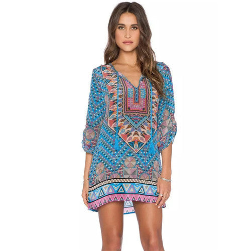 Women Boho Street Baroque Hippie Ethnic Vintage Totem Print Contrast Tie Neck One Piece Shift Dress vestidos feminino IMY66