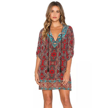Women Boho Street Baroque Hippie Ethnic Vintage Totem Print Contrast Tie Neck One Piece Shift Dress vestidos feminino IMY66