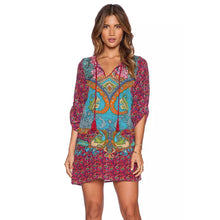 Women Boho Street Baroque Hippie Ethnic Vintage Totem Print Contrast Tie Neck One Piece Shift Dress vestidos feminino IMY66