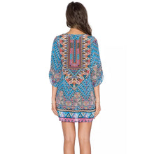 Women Boho Street Baroque Hippie Ethnic Vintage Totem Print Contrast Tie Neck One Piece Shift Dress vestidos feminino IMY66