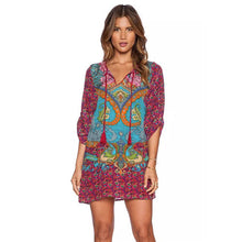 Women Boho Street Baroque Hippie Ethnic Vintage Totem Print Contrast Tie Neck One Piece Shift Dress vestidos feminino IMY66