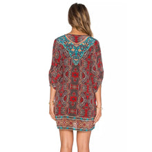 Women Boho Street Baroque Hippie Ethnic Vintage Totem Print Contrast Tie Neck One Piece Shift Dress vestidos feminino IMY66