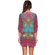 Women Boho Street Baroque Hippie Ethnic Vintage Totem Print Contrast Tie Neck One Piece Shift Dress vestidos feminino IMY66