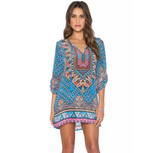 Women Boho Street Baroque Hippie Ethnic Vintage Totem Print Contrast Tie Neck One Piece Shift Dress vestidos feminino IMY66