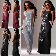 Women Casual Dress Sexy Sleeveless Cat Printed Long Maxi Party Beach Dress Vest Sundress vestidos IMY66