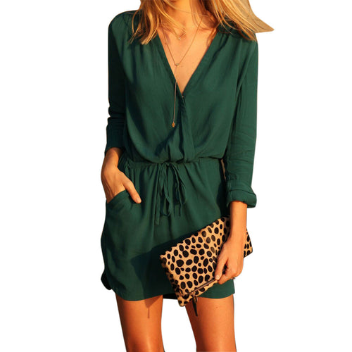 Women Casual Dress Sexy V Neck Green Long Sleeve Chiffon Party Dress Evening Casual Mini Dress Vestidos Robes IMY66