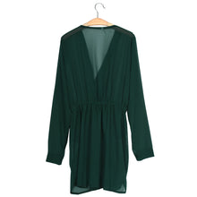 Women Casual Dress Sexy V Neck Green Long Sleeve Chiffon Party Dress Evening Casual Mini Dress Vestidos Robes IMY66