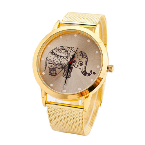 Women Casual Elephant Quartz Stainless Steel Gold Plate Strap Wrist Watch Dresses Watch IMY66