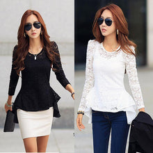 Women Casual Lace Crochet Chiffon Fishtail Spliting Work Wear Long Sleeve White Blouse Top Bottoming Shirt IMY66